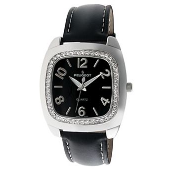 Peugeot Womens Black Boyfriend Watch 40mm Crystal Bezel Leather Strap