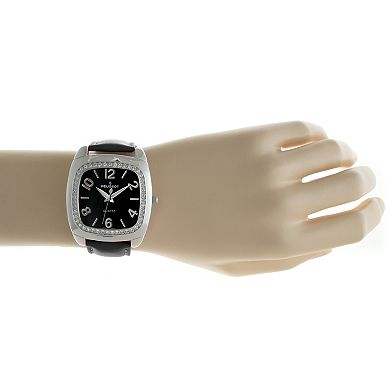Peugeot Womens Black Boyfriend Watch 40mm Crystal Bezel Leather Strap