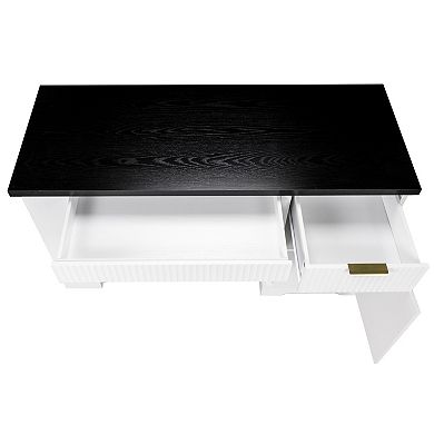 Pnronnc 55" Modern Wood Fluted Office Desk with Storage Cabinet, Power Outlet and Pegboard