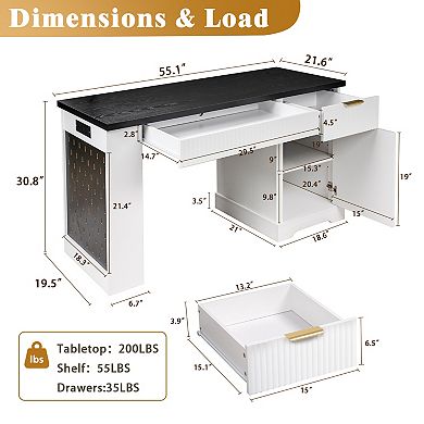 Pnronnc 55" Modern Wood Fluted Office Desk with Storage Cabinet, Power Outlet and Pegboard