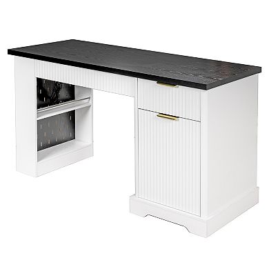 Pnronnc 55" Modern Wood Fluted Office Desk with Storage Cabinet, Power Outlet and Pegboard