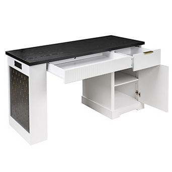 Pnronnc 55" Modern Wood Fluted Office Desk with Storage Cabinet, Power Outlet and Pegboard