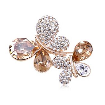 Golden Tone Sparkly Crystal Rhinestone Double Butterfly Brooch Pin