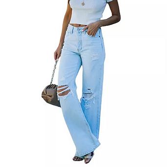 Women's Mid Waisted Distressed Wide Leg Jeans Washed Ripped Retro Denim Pants