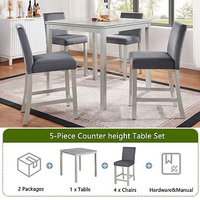 Pnronnc 5-Piece Counter Height Dining Table Set with Square Table and 4 Upholstered Chairs