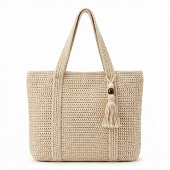 Women's Crochet Tote Bag Structured Shape Dual Shoulder Straps Tassel Accent Detail