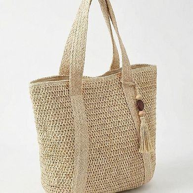 Women's Crochet Tote Bag Structured Shape Dual Shoulder Straps Tassel Accent Detail