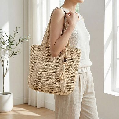 Women's Crochet Tote Bag Structured Shape Dual Shoulder Straps Tassel Accent Detail