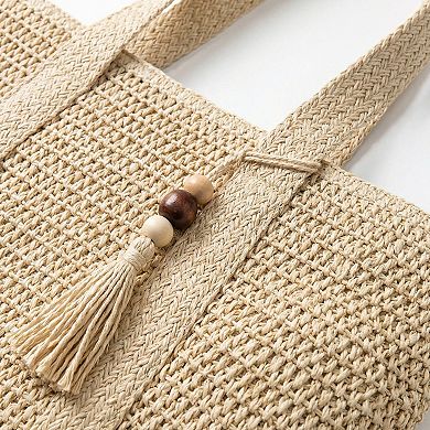Women's Crochet Tote Bag Structured Shape Dual Shoulder Straps Tassel Accent Detail