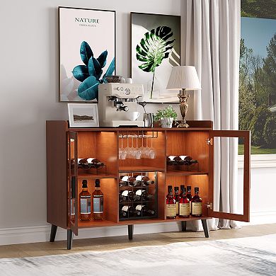 Wine Bar Cabinet with Wine Rack and LED Light, Kitchen Sideboard and Buffet Cabinet Coffee Bar