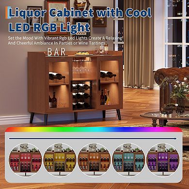 Wine Bar Cabinet with Wine Rack and LED Light, Kitchen Sideboard and Buffet Cabinet Coffee Bar