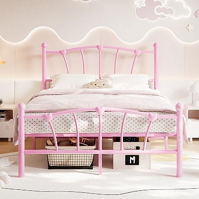 Full Size Bed with Headboard and Footboard, Heart Shaped Platform Bed Frame, Noiseless