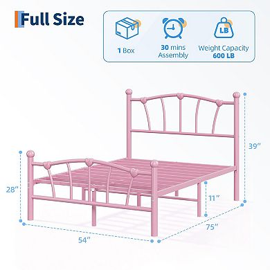 Full Size Bed with Headboard and Footboard, Heart Shaped Platform Bed Frame, Noiseless