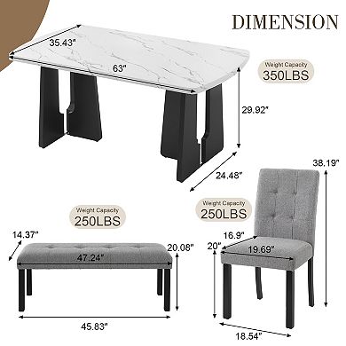 Pnronnc 6-Piece Dining Table Set, Kitchen Dining Set with Faux Marble Table, 4 Chairs & Bench