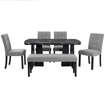 Pnronnc 6 pc Dining Table Set, Kitchen Dining Set with Faux Marble Table, 4 Chairs & Bench