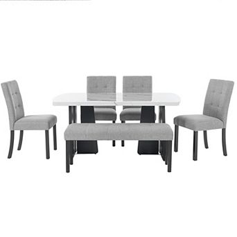 Pnronnc 6 pc Dining Table Set, Kitchen Dining Set with Faux Marble Table, 4 Chairs & Bench