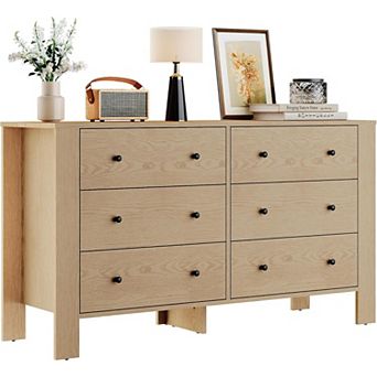 Natural Oak 6 Drawer Dresser with Deep Drawers Metal Knobs Kids Bedroom
