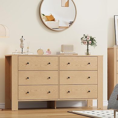 Natural Oak 6 Drawer Dresser with Deep Drawers Metal Knobs Kids Bedroom