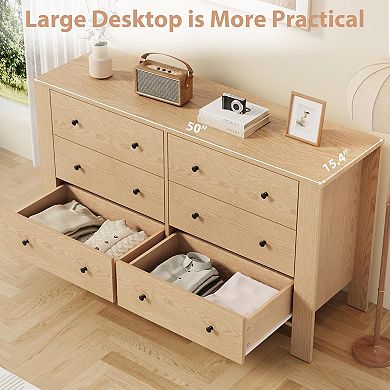 Natural Oak 6 Drawer Dresser with Deep Drawers Metal Knobs Kids Bedroom