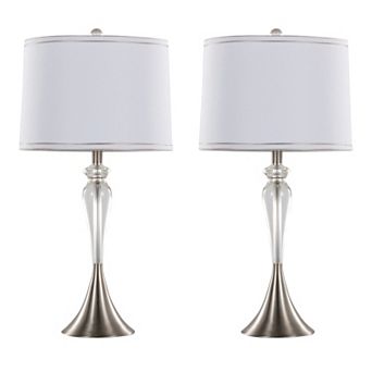 Loheer Contemporary Crystal Table Lamp Set of 2 with Linen Shade and Brushed Nickel Finish