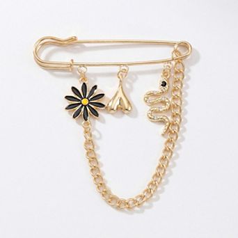 Women's Safety Pin Brooch Floral Charm Snake Pendant Chain Detail Statement Design