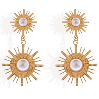 Women's Gold Tone Sunburst Dangle Fashion Earrings with Pearl Accents