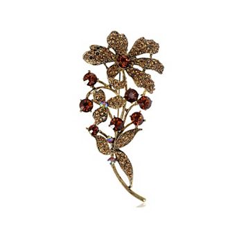 Golden Tone Shiny Brown Topaz Crystal Rhinestones Flower Leaves Bouquet Brooch Pin