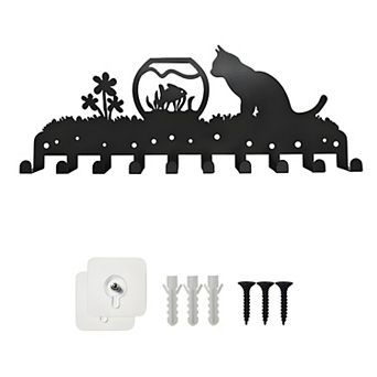 Whimsical Cat Wall Rack with 10 Hooks for Keys, Coats, Leashes, or Accessories
