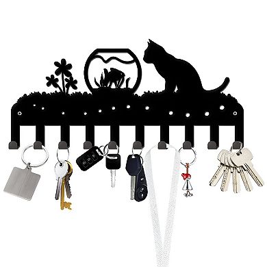 Whimsical Cat Wall Rack with 10 Hooks for Keys, Coats, Leashes, or Accessories