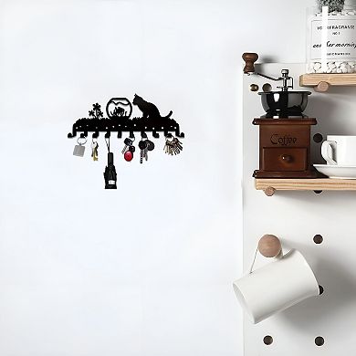 Whimsical Cat Wall Rack with 10 Hooks for Keys, Coats, Leashes, or Accessories