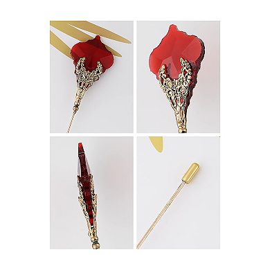 Hat Pin Golden Retro Hollow Out Design Inlaid with Synthetic Ruby Stick Pin Suit Pin