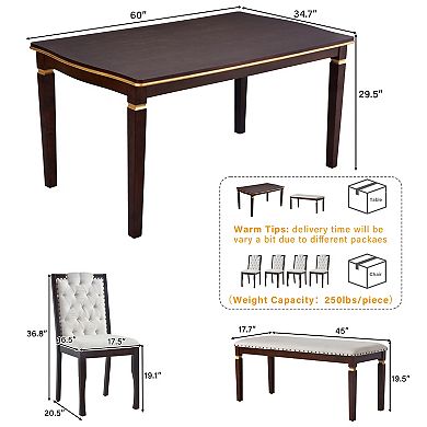 Pnronnc 6-Piece Kitchen Table Set, Wooden Dining Table Set with 4 Chairs and Bench