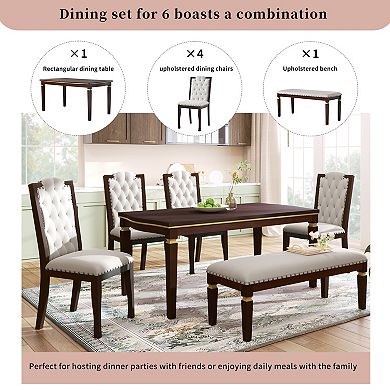 Pnronnc 6-Piece Kitchen Table Set, Wooden Dining Table Set with 4 Chairs and Bench