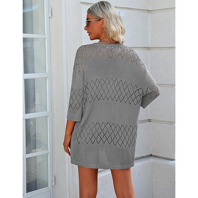 Zeagoo Women's Lightweight Open Front 3/4 Sleeve Crochet Knit Boho Cardigan Kimono Cover Up