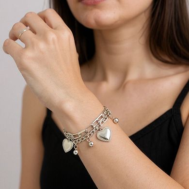 Layered Chain Bracelet with Dual Heart Charms and Dangling Bead Accents