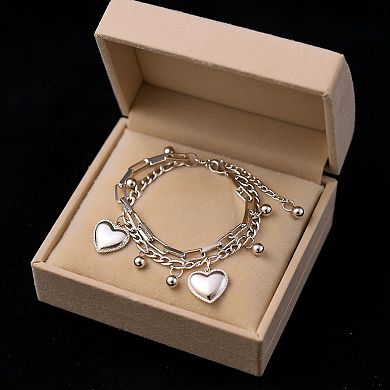 Layered Chain Bracelet with Dual Heart Charms and Dangling Bead Accents