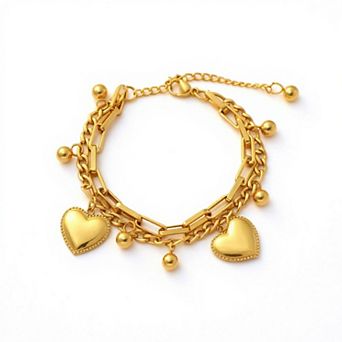 Layered Chain Bracelet with Dual Heart Charms and Dangling Bead Accents