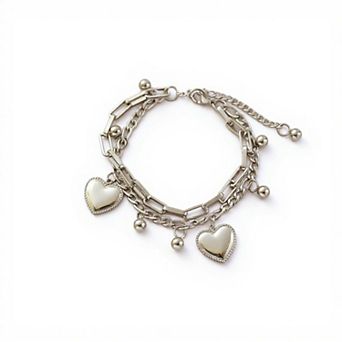 Layered Chain Bracelet with Dual Heart Charms and Dangling Bead Accents