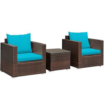 Costway 3 pc Patio Rattan Furniture Set Conversation Wicker Sofa Set w/Cushion Garden