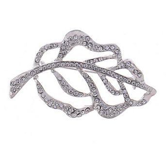 Silvery Tone Sparkly Clear Crystal Rhinestones Leaf Feather Brooch Pin