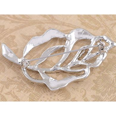 Silvery Tone Sparkly Clear Crystal Rhinestones Leaf Feather Brooch Pin