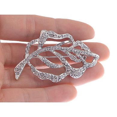 Silvery Tone Sparkly Clear Crystal Rhinestones Leaf Feather Brooch Pin