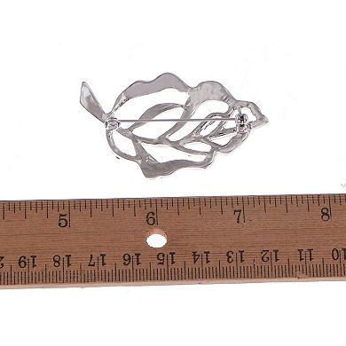 Silvery Tone Sparkly Clear Crystal Rhinestones Leaf Feather Brooch Pin