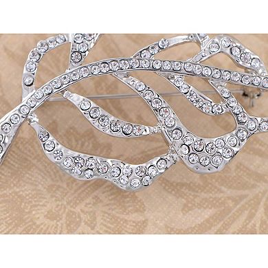 Silvery Tone Sparkly Clear Crystal Rhinestones Leaf Feather Brooch Pin