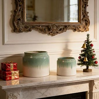 Loheer Handmade Green White Ombre Ceramic Planter Set of Two for Shelf and Table Displays