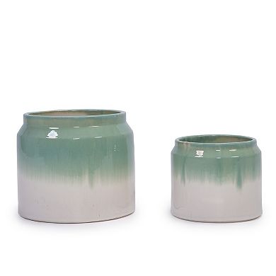Loheer Handmade Green White Ombre Ceramic Planter Set of Two for Shelf and Table Displays