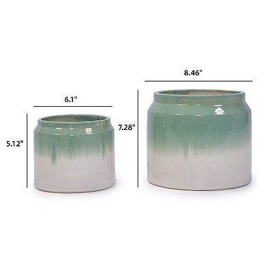 Loheer Handmade Green White Ombre Ceramic Planter Set of Two for Shelf and Table Displays