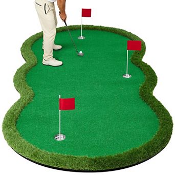 10 * 5FT Golf Putting Practice Putting Green Mat, Golfing Training Mat with 3 cup & 3 Flags