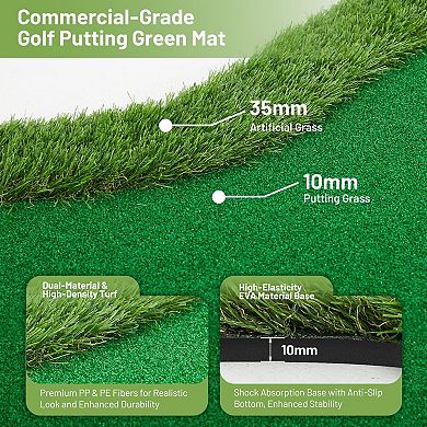 10 * 5FT Golf Putting Practice Putting Green Mat, Golfing Training Mat with 3 Cups & 3 Flags