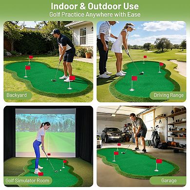 10 * 5FT Golf Putting Practice Putting Green Mat, Golfing Training Mat with 3 Cups & 3 Flags
